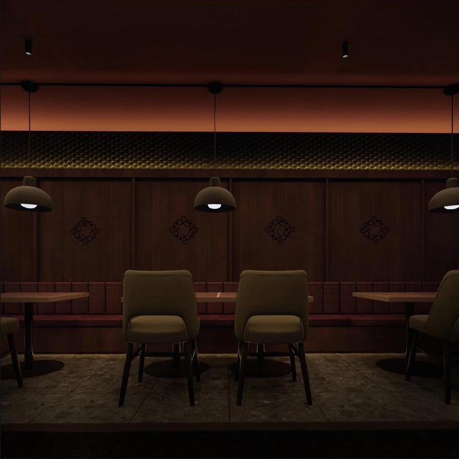 The warm dining lounge at FRANK